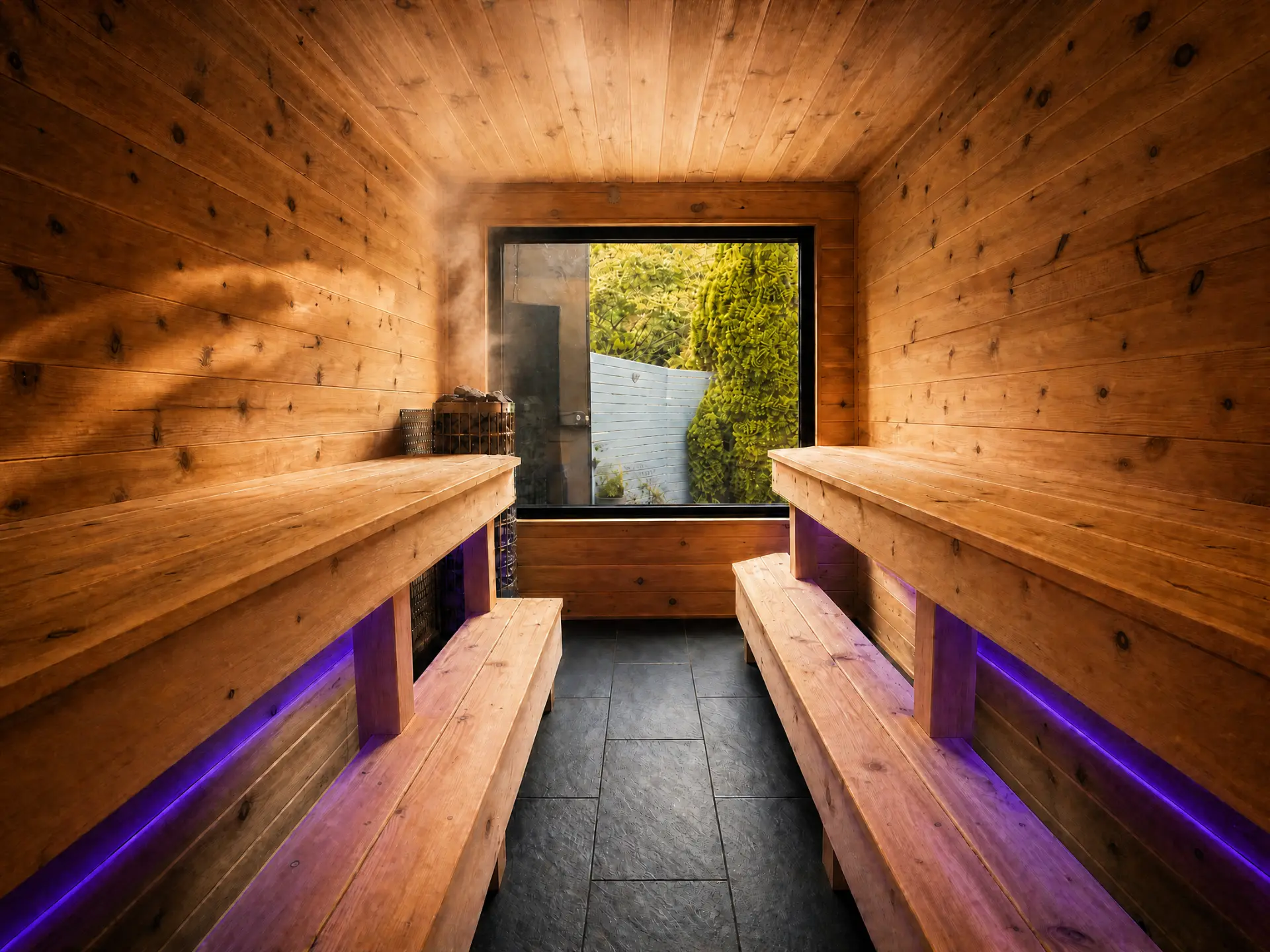 Interior of a cedar sauna with two-tier benches, a stone heater and a large window